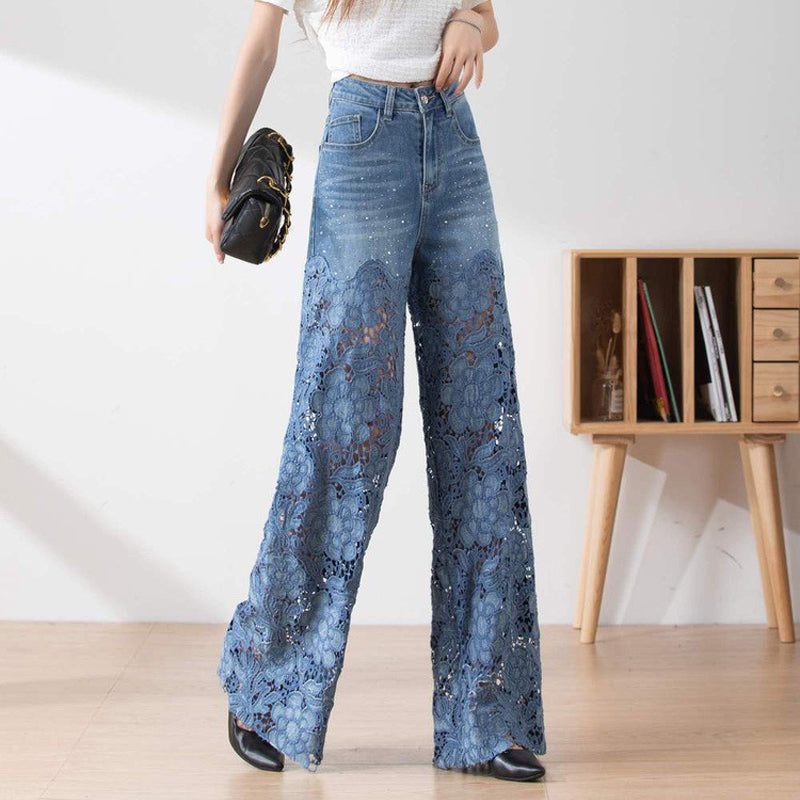 🔥 Summer Sale 39% Off Women's High-Waisted Blue Denim Wide-Leg Pants (Hollow-out Lace Panels)