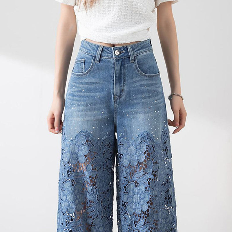 🔥 Summer Sale 39% Off Women's High-Waisted Blue Denim Wide-Leg Pants (Hollow-out Lace Panels)