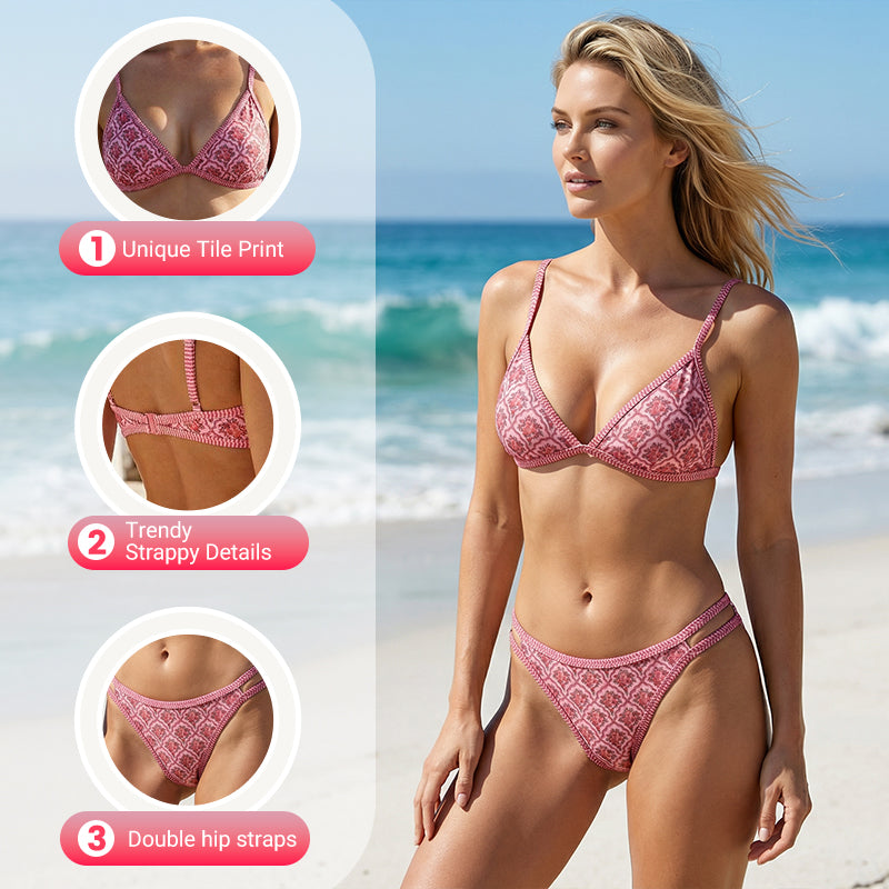 Boho Tile Print Backless Bikini Swimwear