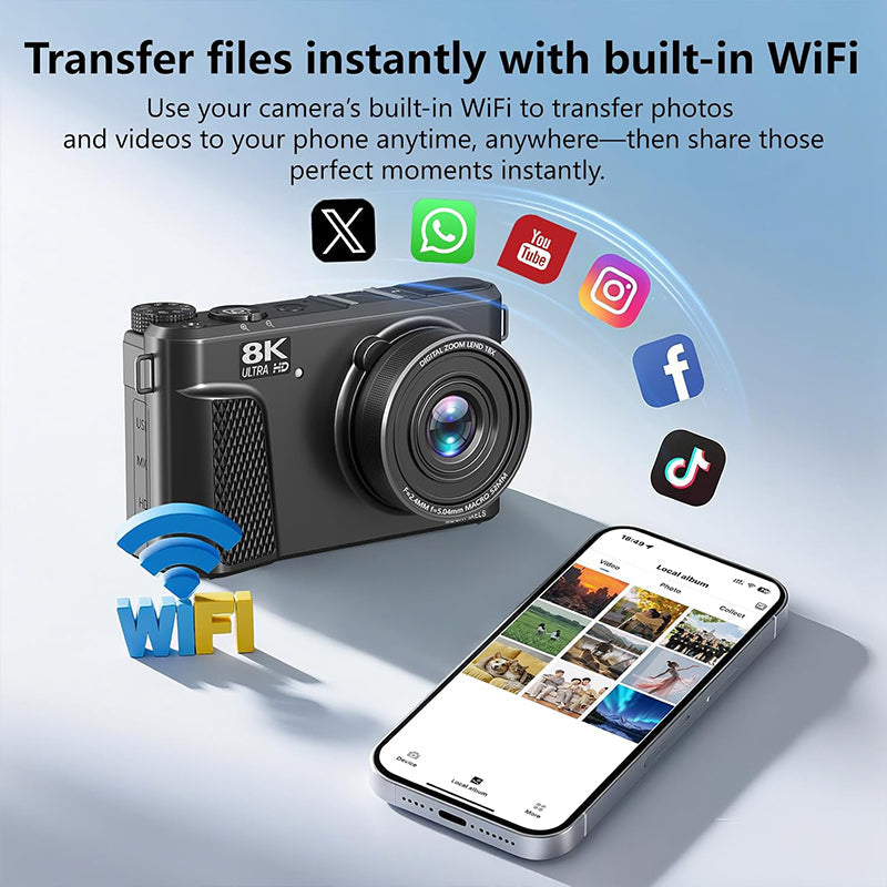 8K digital camera with 88-megapixel sensor and 3-inch flip screen with 180-degree swivel range