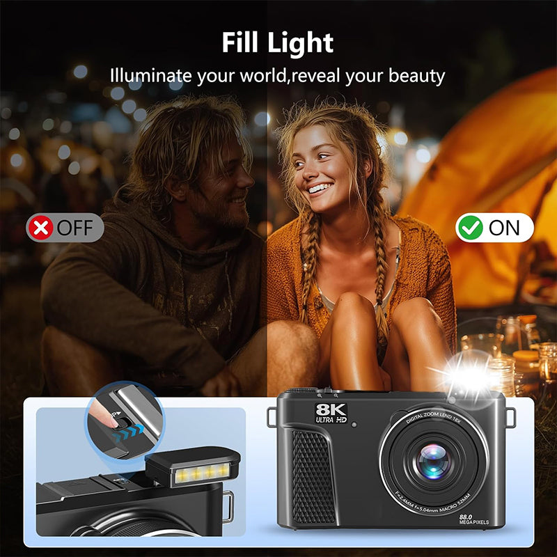 8K digital camera with 88-megapixel sensor and 3-inch flip screen with 180-degree swivel range