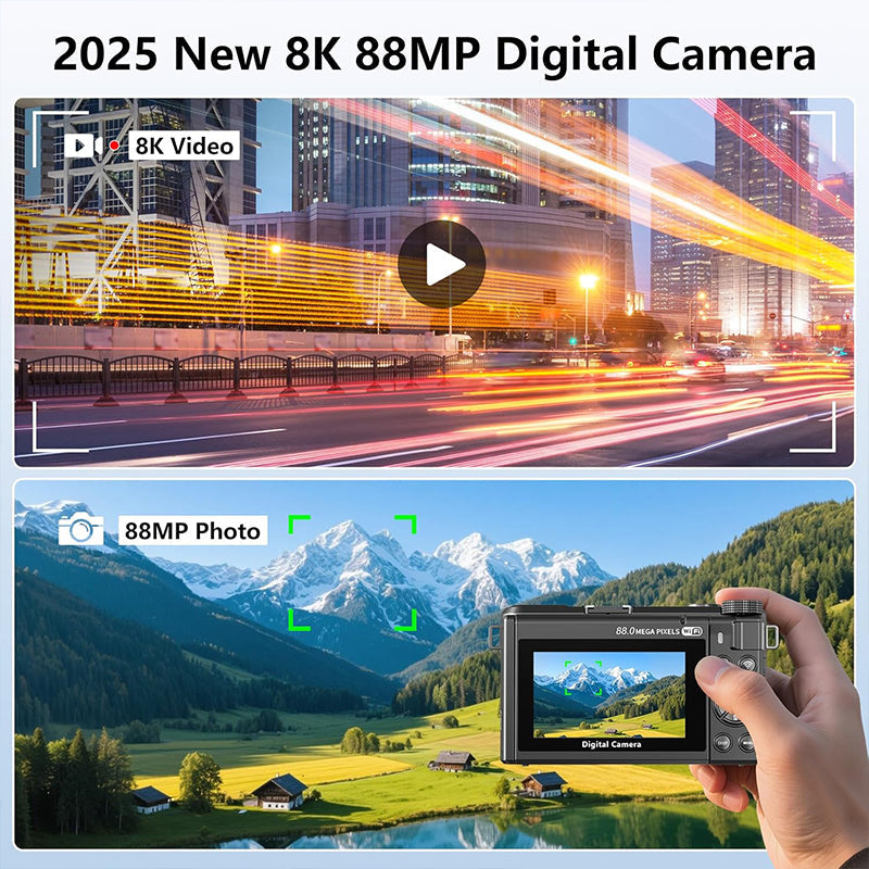 8K digital camera with 88-megapixel sensor and 3-inch flip screen with 180-degree swivel range