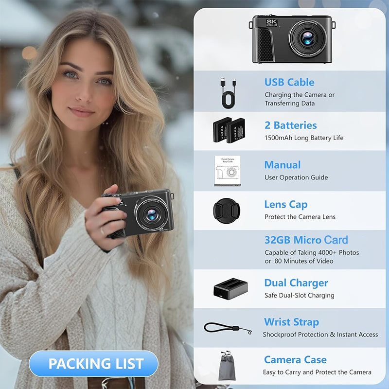 8K digital camera with 88-megapixel sensor and 3-inch flip screen with 180-degree swivel range
