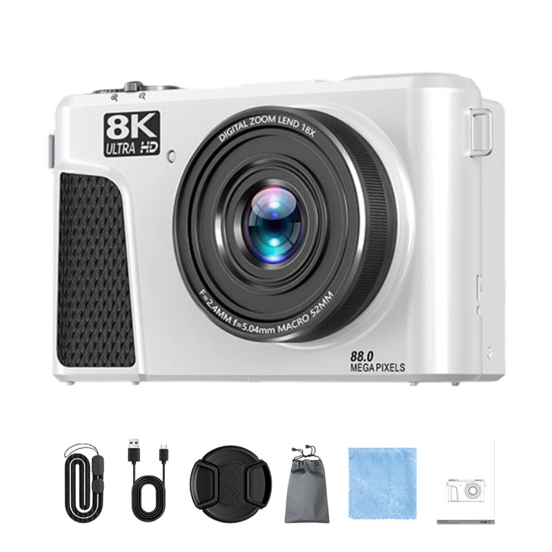 8K digital camera with 88-megapixel sensor and 3-inch flip screen with 180-degree swivel range