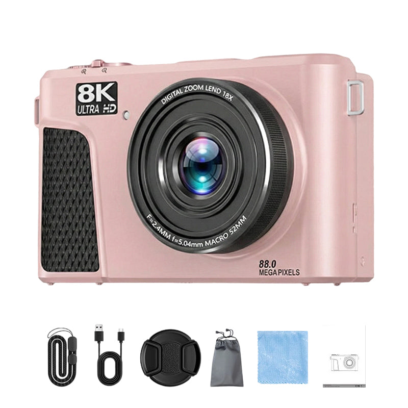 8K digital camera with 88-megapixel sensor and 3-inch flip screen with 180-degree swivel range