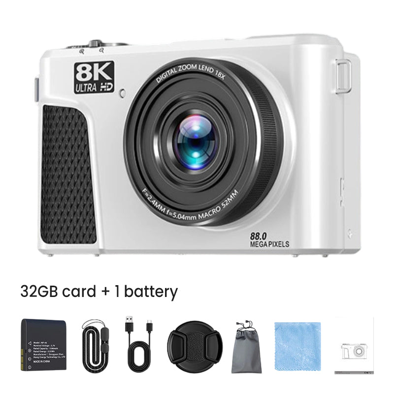 8K digital camera with 88-megapixel sensor and 3-inch flip screen with 180-degree swivel range