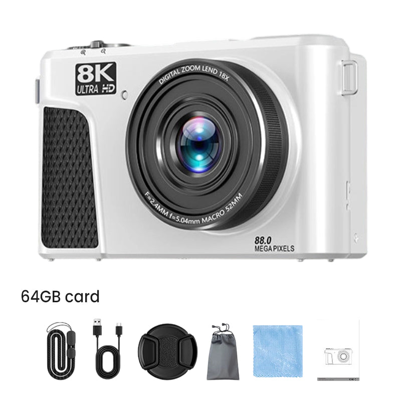 8K digital camera with 88-megapixel sensor and 3-inch flip screen with 180-degree swivel range