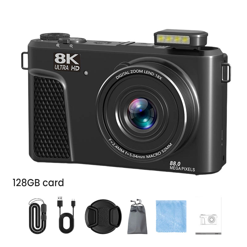 8K digital camera with 88-megapixel sensor and 3-inch flip screen with 180-degree swivel range