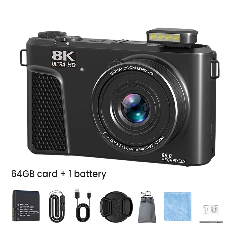 8K digital camera with 88-megapixel sensor and 3-inch flip screen with 180-degree swivel range