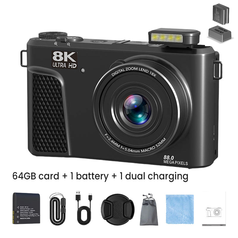 8K digital camera with 88-megapixel sensor and 3-inch flip screen with 180-degree swivel range