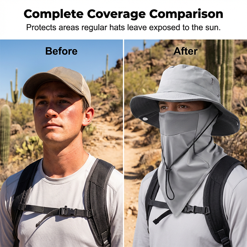 🥳2026 HOT SALE🥳💞50K+ SOLD!🧢🌬️ 50% OFF! Breathable Fisherman Hat with Detachable Mask – 2-in-1 design, ice silk fabric keeps you cool. Wide brim & neck flap for 360° sun protection. Adjustable chin strap, wind-resistant. 🛡️✨