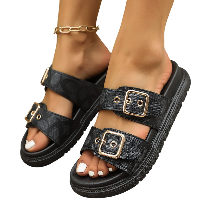 Women's Double Buckle Platform Slide Sandals