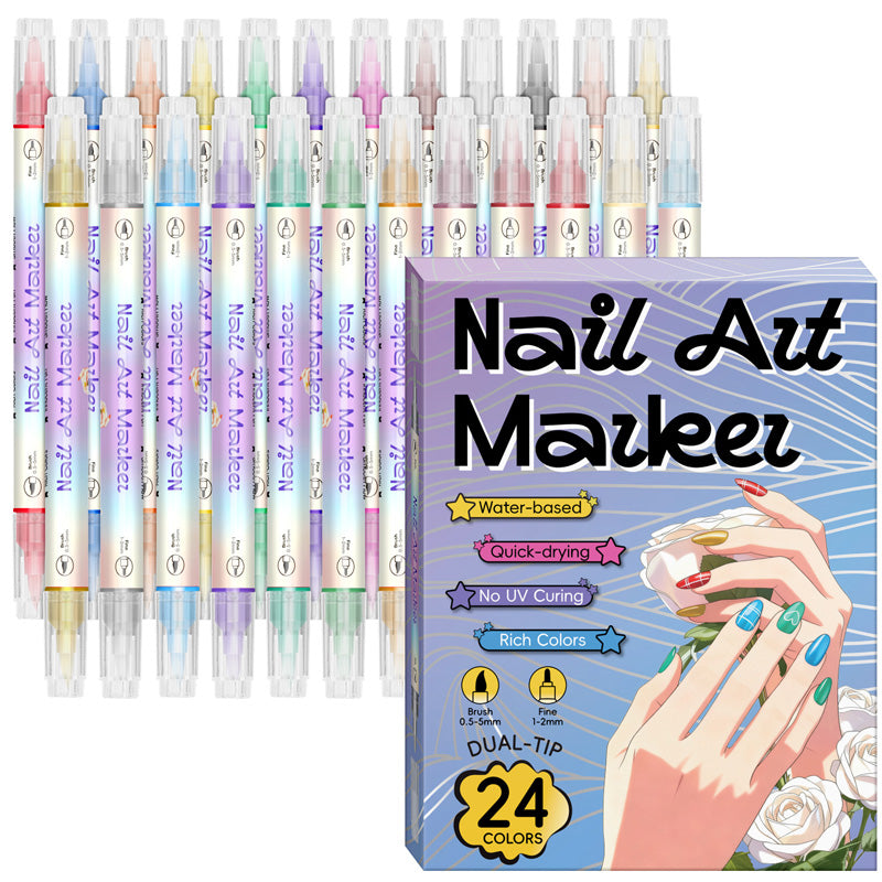 🎨50% OFF💞✨Dual-Tip Nail Art Marker Pen Set Quick‑dry, no UV lamp. Fine & brush tips. 12/24 vibrant colors. Easy DIY at home. No smudges, just art! 💅🖌️