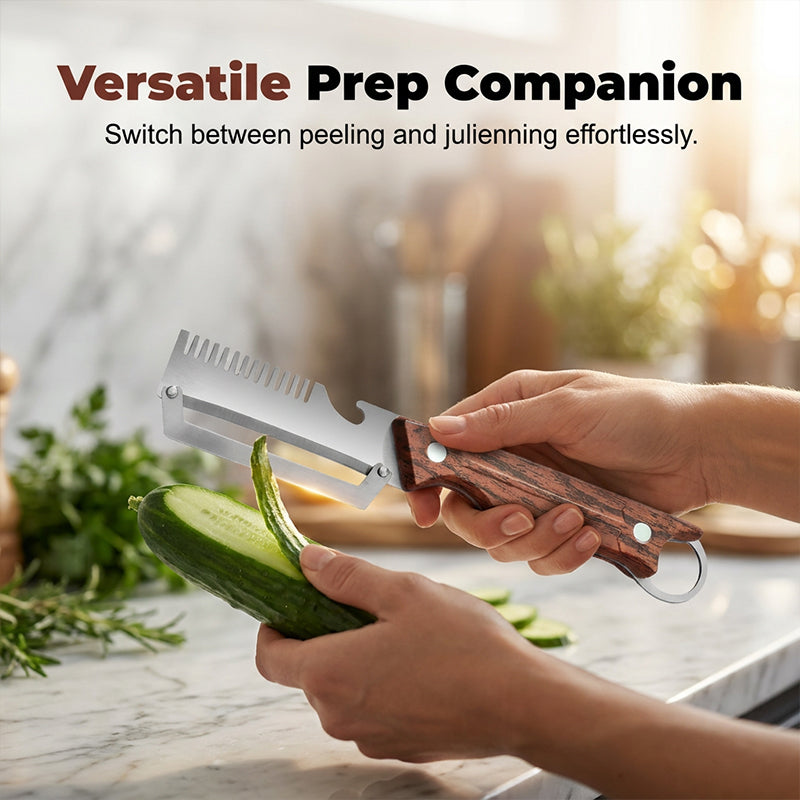 🥕 3-in-1 Vegetable Peeler with Bottle Opener – Julienne & Shredding Tool, Stainless Steel Blade, Wood‑Grip Handle – Must‑Have Kitchen Gadget for Effortless Prep