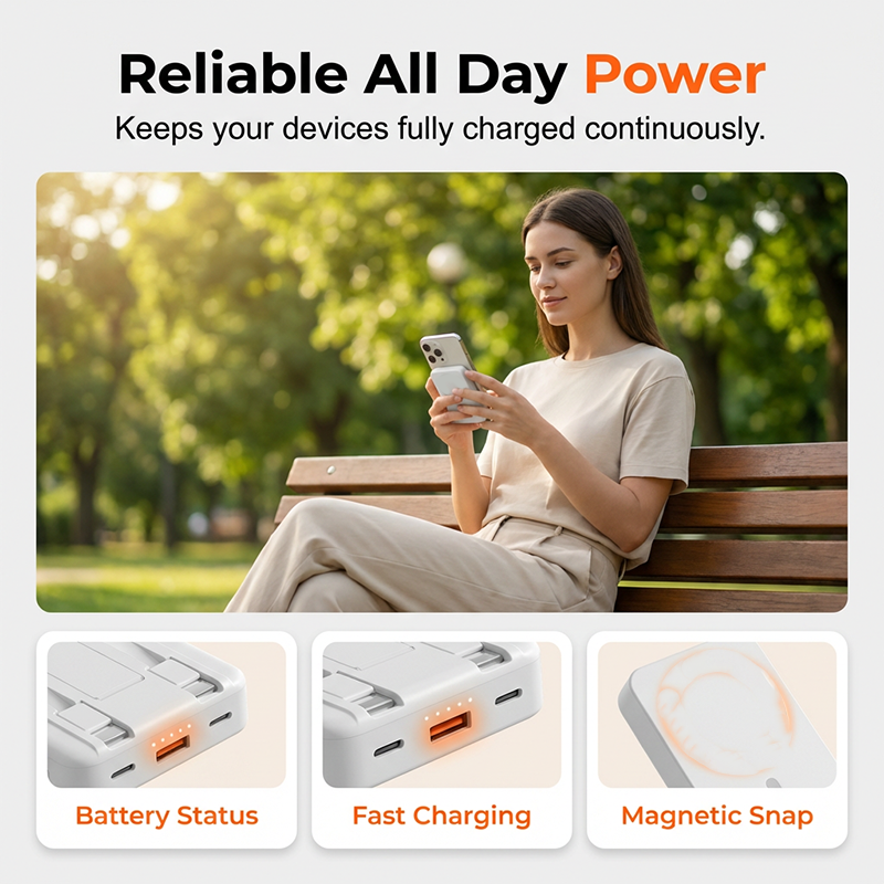 3-in-1 Magnetic Wireless Power Bank with Dual Cables