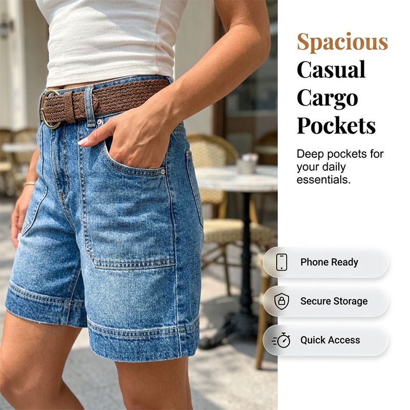 Stretchy Mid-Rise Bermuda Shorts – Cargo Pockets & All-Day Comfort