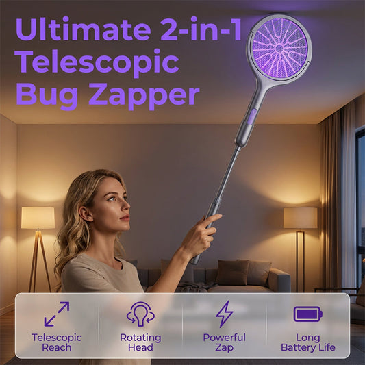 🥳2026 HOT SALE🥳💞50K+ SOLD!🛡️💤 50% OFF! Rechargeable Bug Zapper – Triple‑layer safety mesh, extendable handle, rotates for wall & corner strikes. Pest‑free sleep, worry‑free safety! 🌟💚