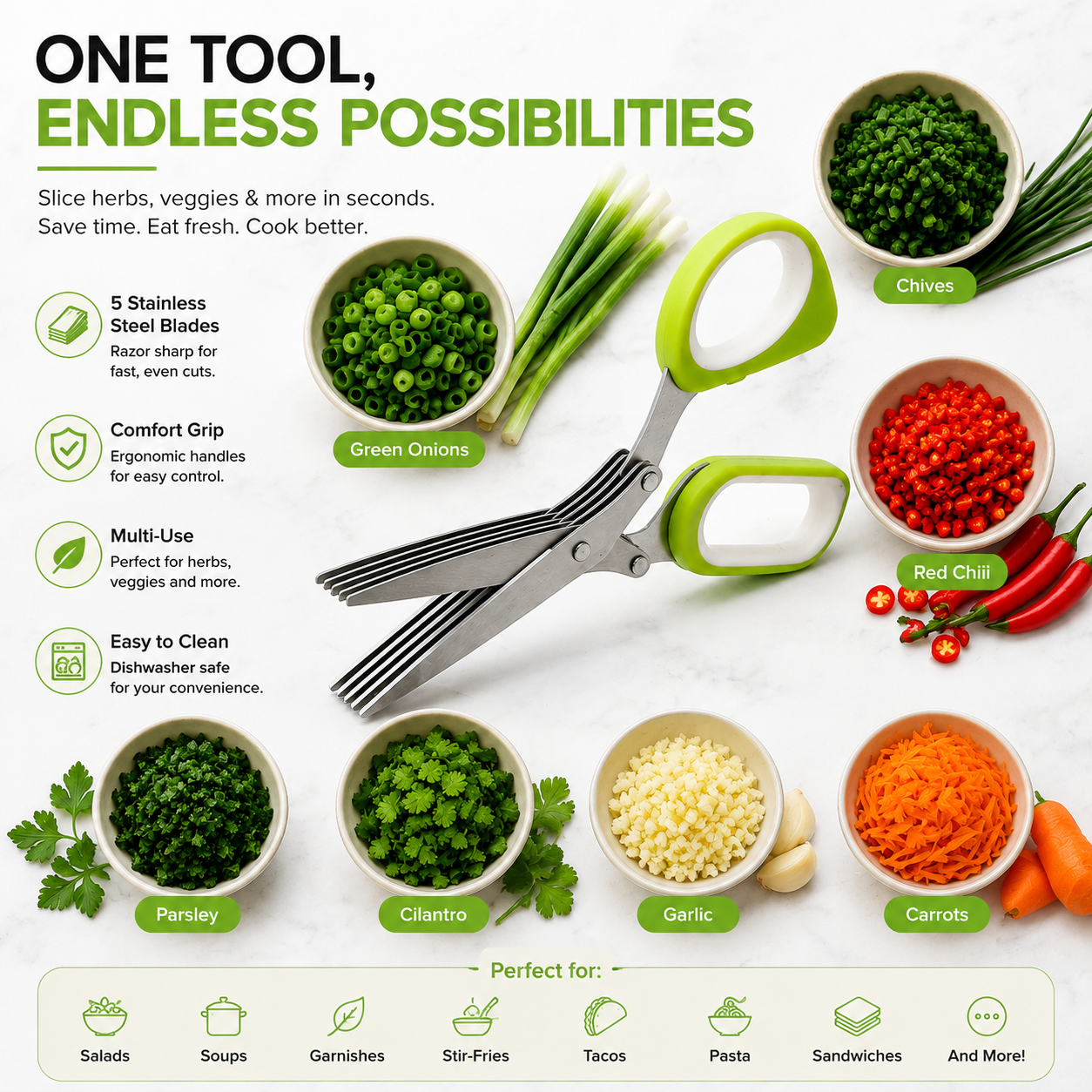 🌿 5-Blade Herb Scissors – Fast Kitchen Chopper For Fresh Herbs & Seasonings