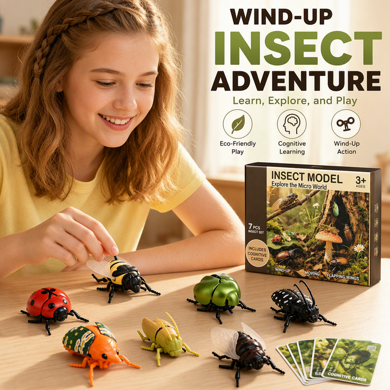 Wind-Up Winged Insect Simulation Toy Set with Educational Cards