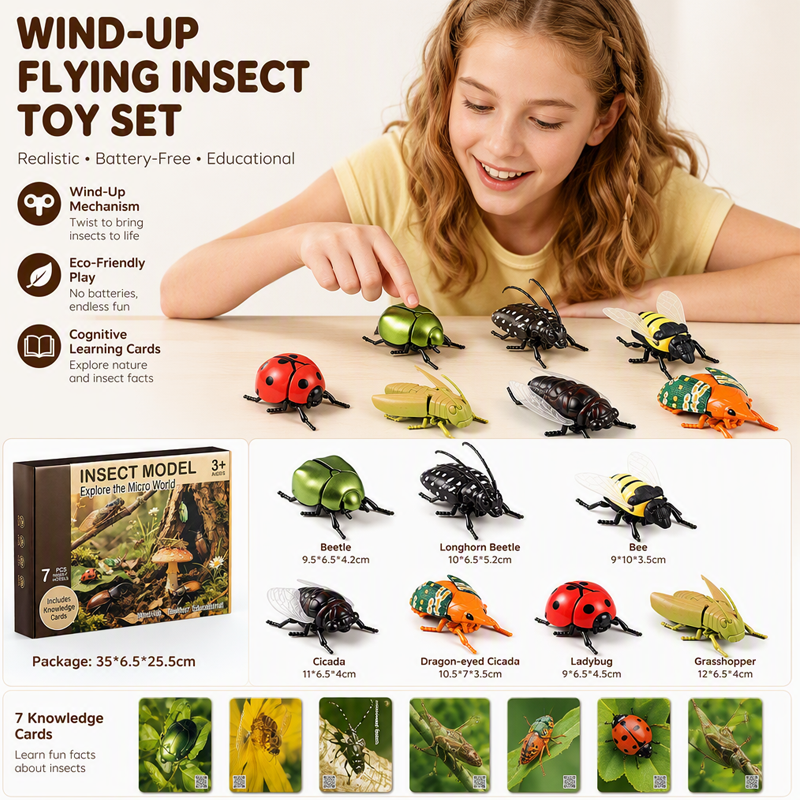 Wind-Up Winged Insect Simulation Toy Set with Educational Cards