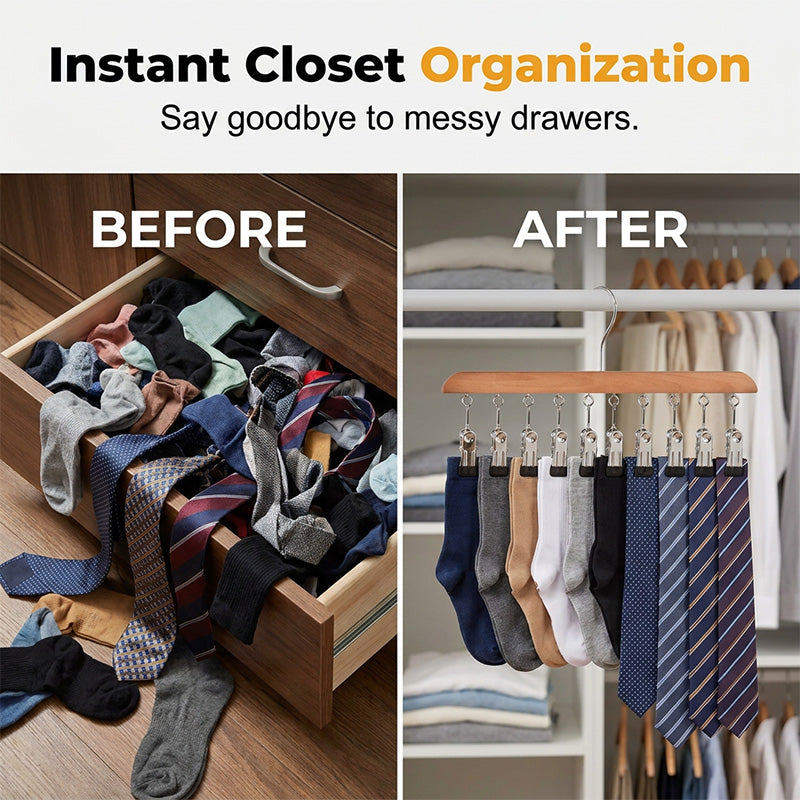 Hang 10 Items Instantly! No-Slip Wooden Multi-Clip Organizer