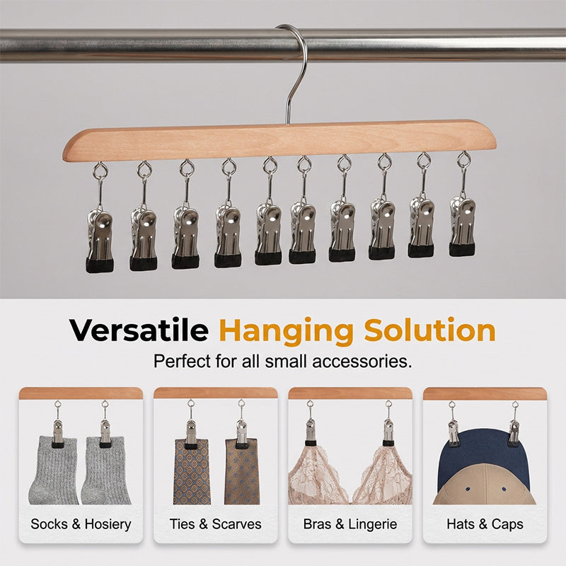 Hang 10 Items Instantly! No-Slip Wooden Multi-Clip Organizer