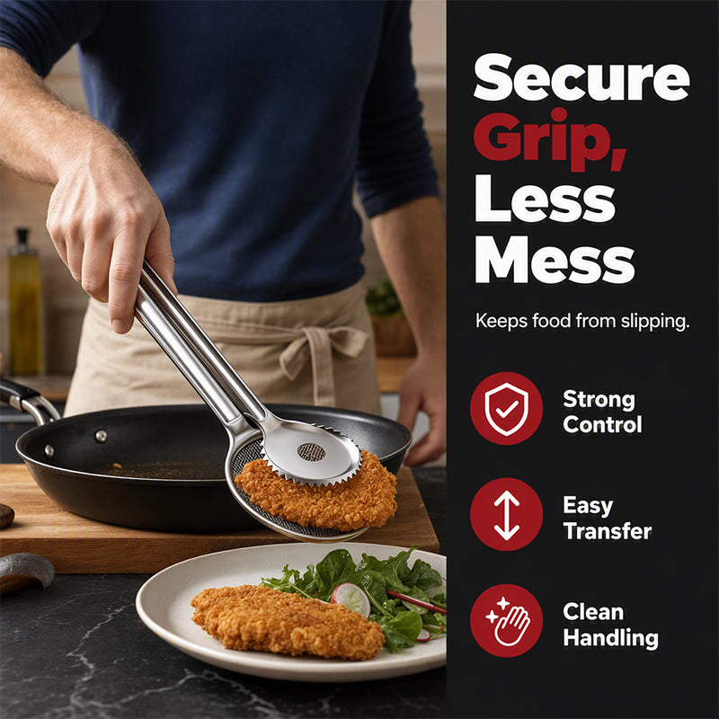 🥢 2-in-1 Stainless Steel Oil Filter Tongs – Easy Kitchen Straining Tool ✨