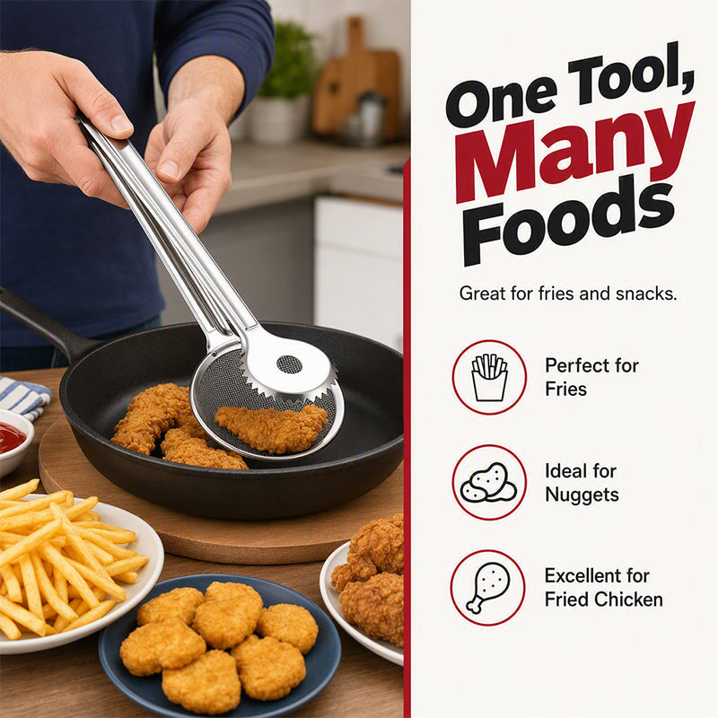 🥢 2-in-1 Stainless Steel Oil Filter Tongs – Easy Kitchen Straining Tool ✨