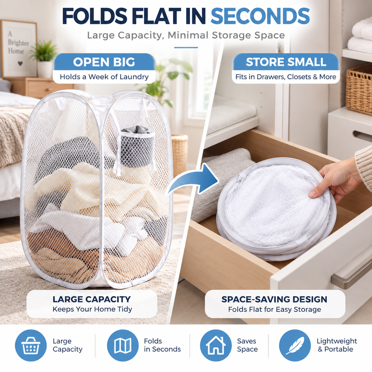 Large Capacity Foldable Mesh Laundry Hamper