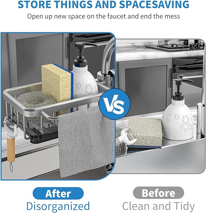 🧽🚰Faucet‑Mounted Sink‑Sponge‑Holder | Tool‑Free Install, Removable‑Drip‑Tray & Side‑Hook🏠