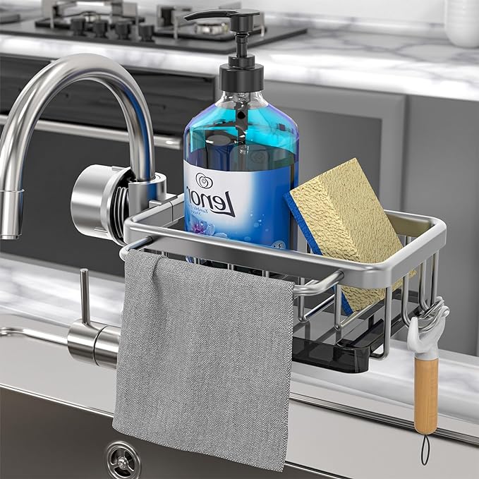 🧽🚰Faucet‑Mounted Sink‑Sponge‑Holder | Tool‑Free Install, Removable‑Drip‑Tray & Side‑Hook🏠