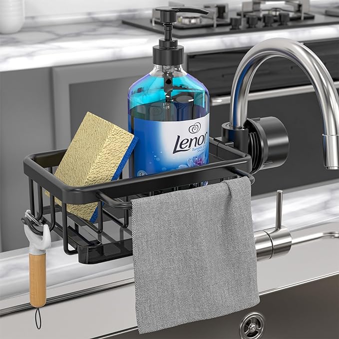 🧽🚰Faucet‑Mounted Sink‑Sponge‑Holder | Tool‑Free Install, Removable‑Drip‑Tray & Side‑Hook🏠