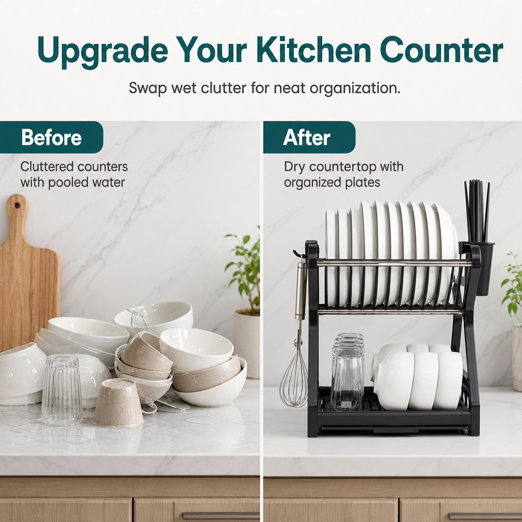 🍽️ LIMITED‑TIME 50% OFF! 🥣 2‑Tier Compact Dish Drying Rack – Double Counter Space, Pull‑Out Drip Tray, 12+ Plate Slots 🧽