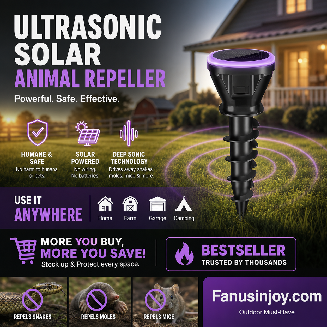 🔥Over 100,000 sold! 🛡️ Repel snakes, insects, rodents and protect your home! 🏡️ Solar Powered Ultrasonic Mouse Repeller