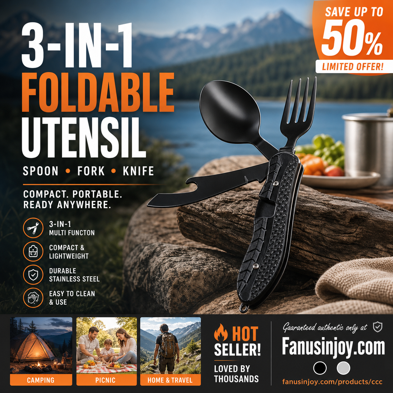 🏆 Last Day Special Price £8.99! 🍴Must-have for outdoor trips 🥄4-In-1 Outdoor Folding Multifunctional Tableware